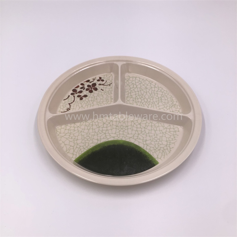 Restaurant daily used melamine 3 divided lunch plate with design